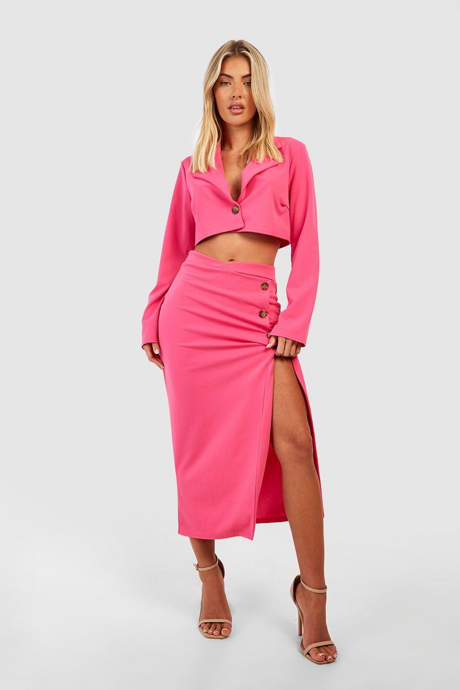Hot pink rosa Crepe Button Front Thigh Split Midaxi Skirt