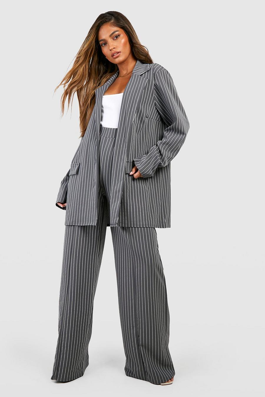 Charcoal Crepe Pinstripe Wide Leg Trousers image number 1