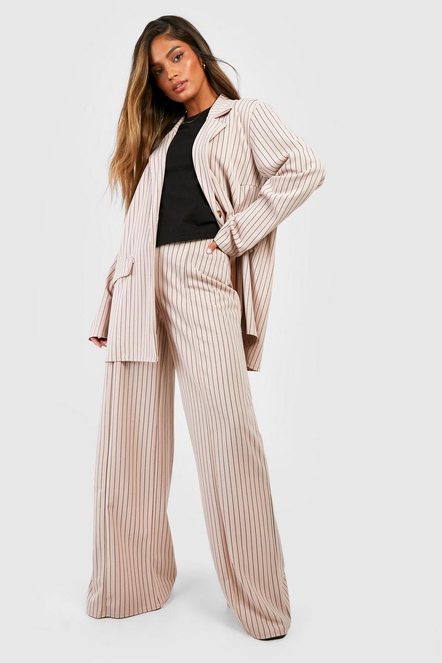 Sand Crepe Pinstripe Wide Leg Trousers image number 1