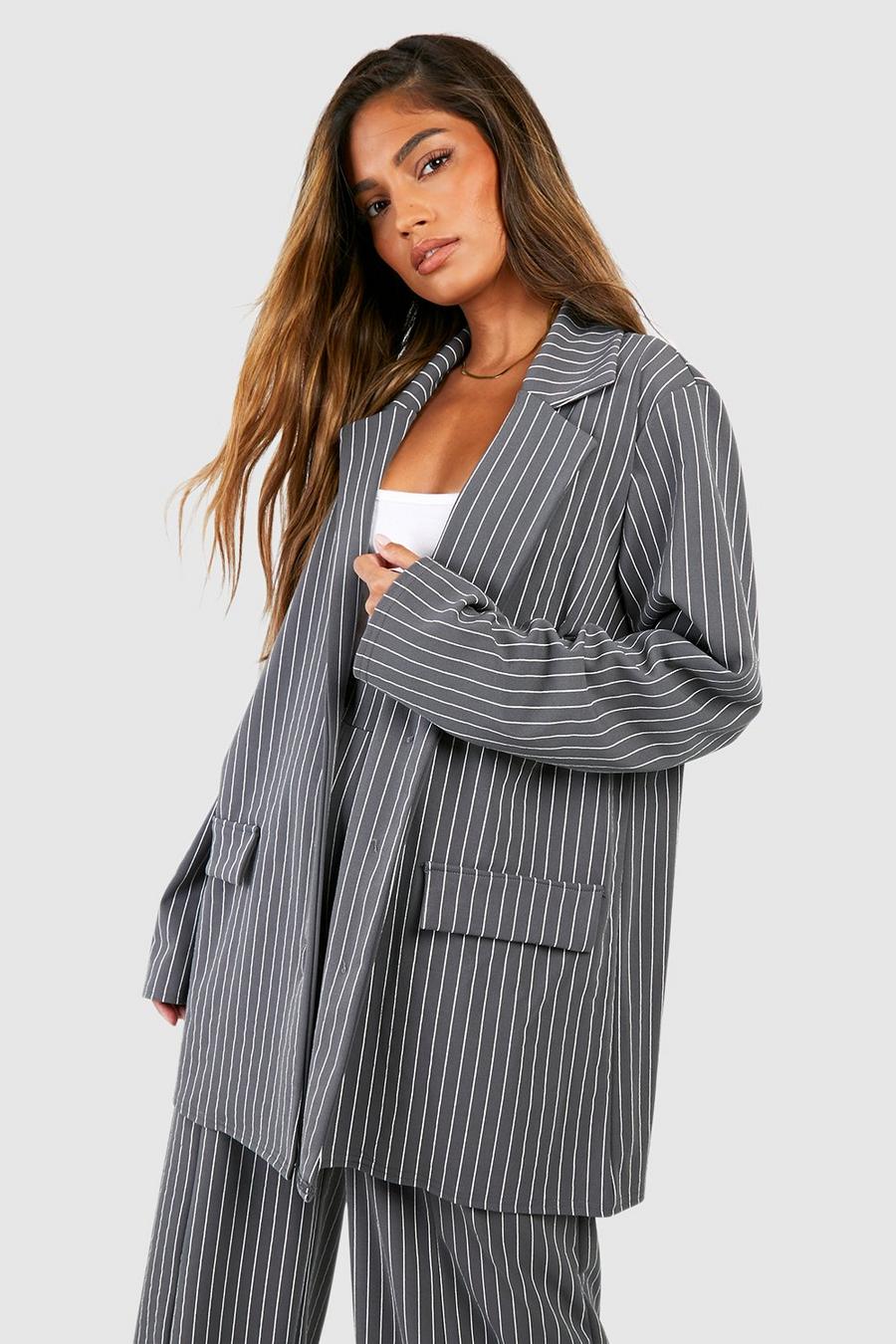 Charcoal Crepe Pinstripe Oversized Fit Blazer image number 1