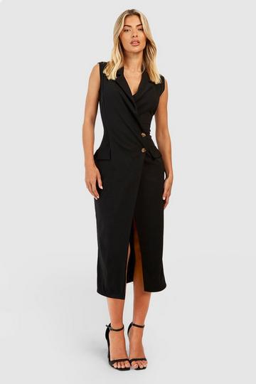 Black Crepe Wrap Front Midi Blazer Dress