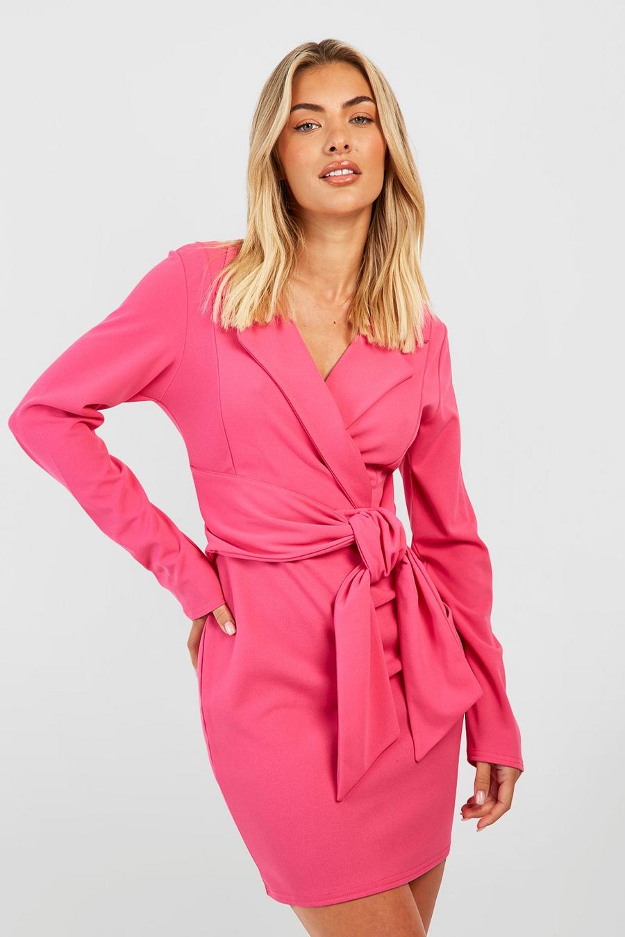 Vestido americana de tela crepé con atadura en la cintura, Hot pink image number 1