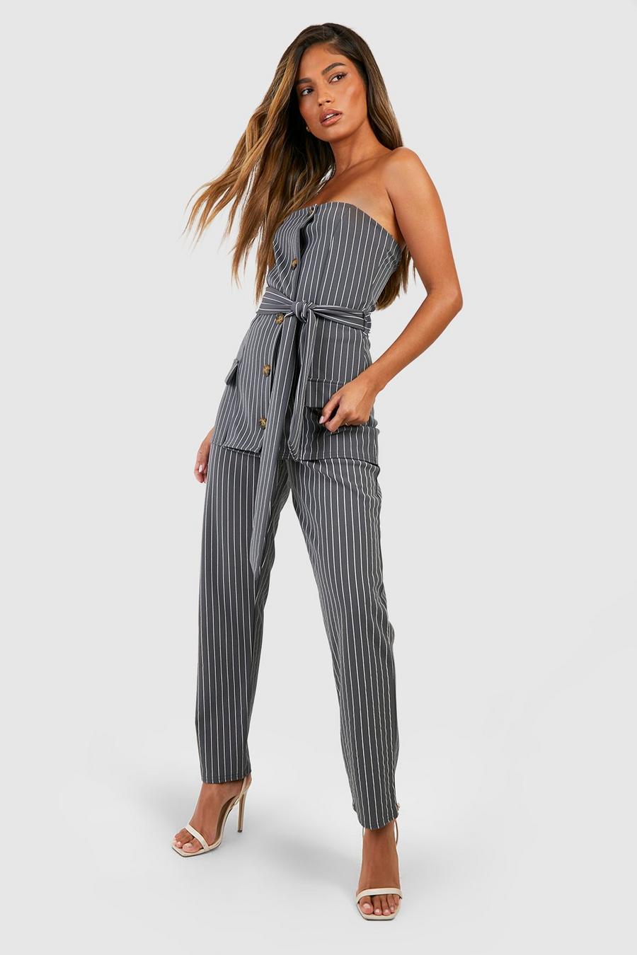 Grey Crepe Pinstripe Ankle Grazer Trousers image number 1
