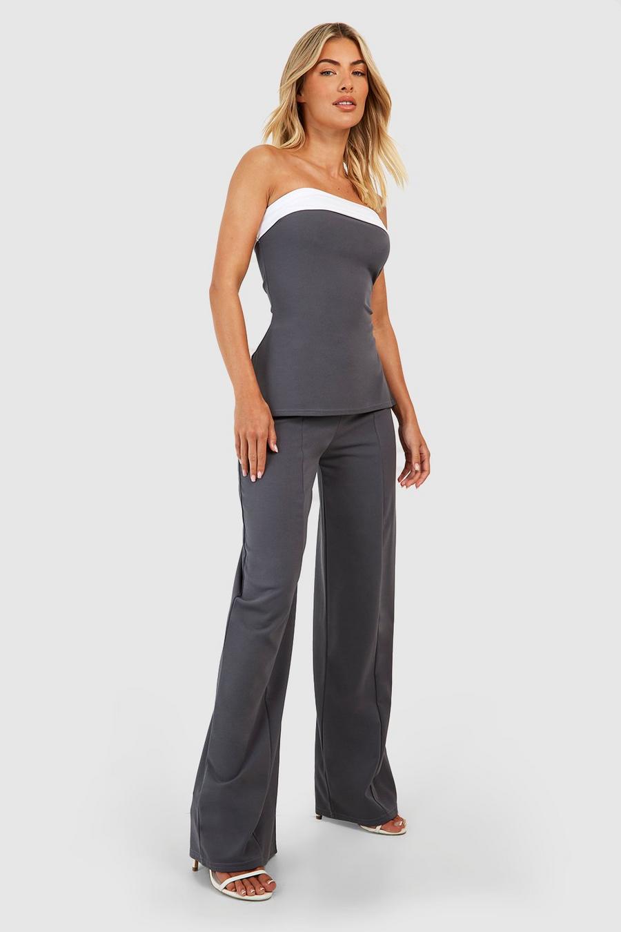 Charcoal gris Crepe Wide Leg Trousers