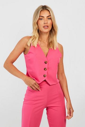 Crepe Contrast Button Fitted Waistcoat hot pink