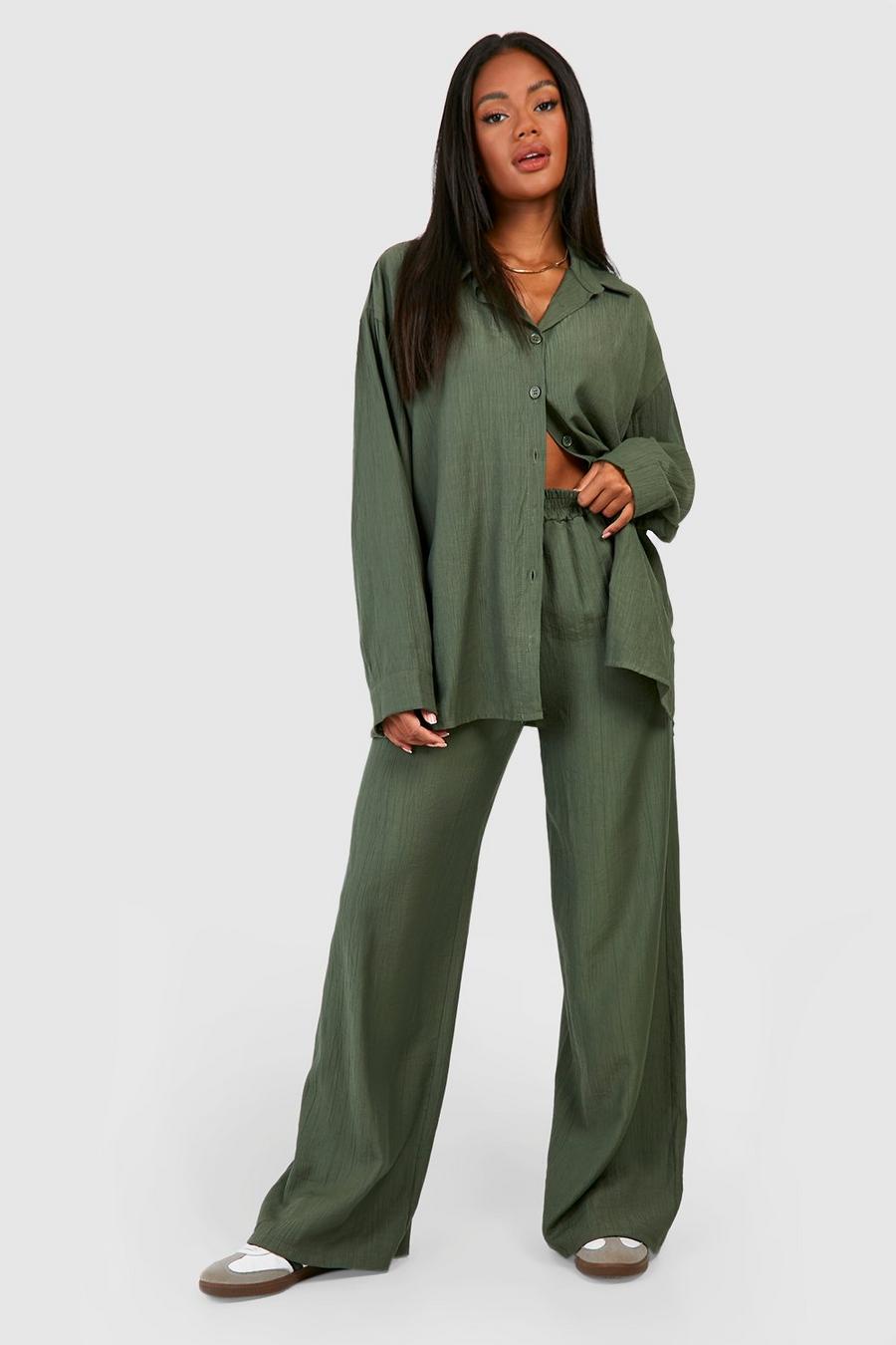 Khaki Crinkle Relaxed Fit Wide Leg Pants