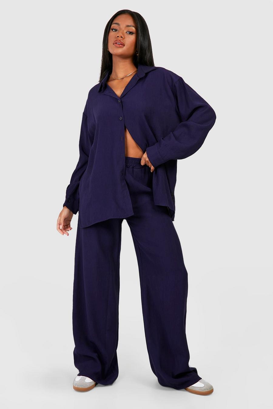 Navy Crinkle Relaxed Fit Wide Leg Trousers