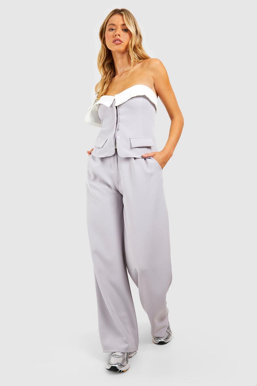 Grey Contrast Waistband Tailored Wide Leg Trousers