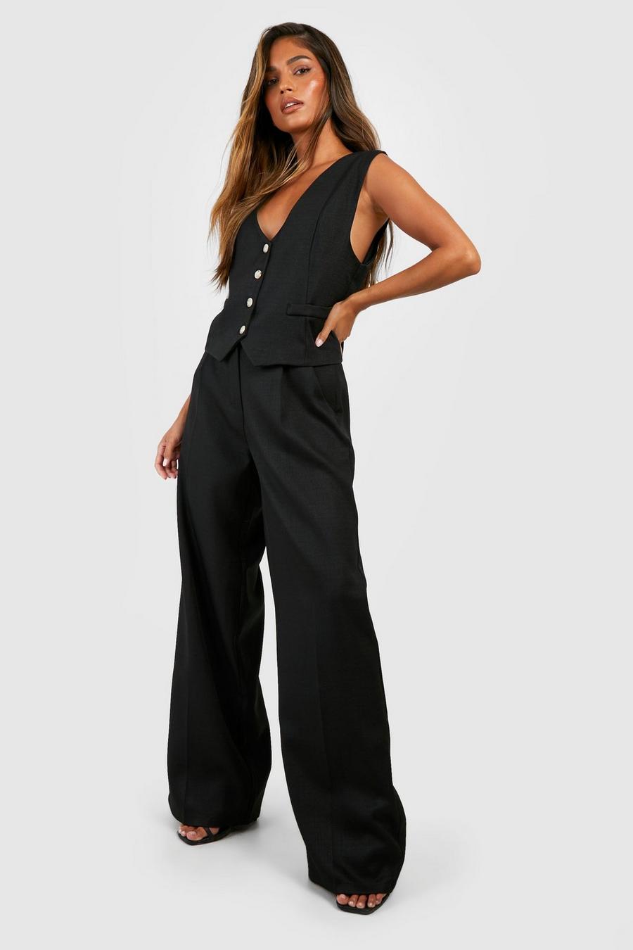 Black Woven Textured Linen Look Wide Leg Tailored Pants image number 1