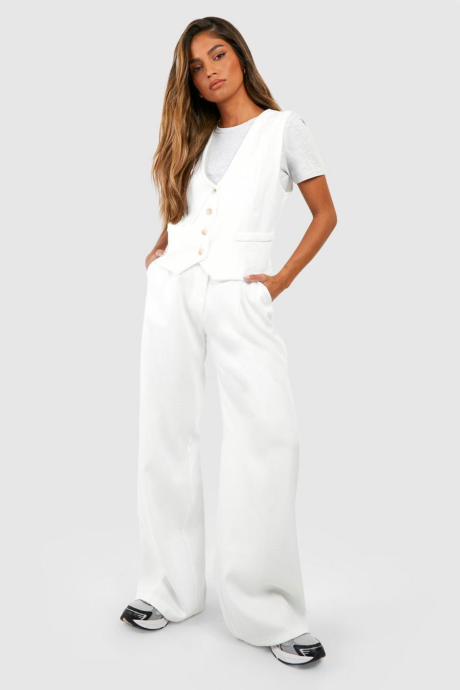 Pantalón entallado de tela efecto lino texturizado con pernera ancha, Ivory image number 1