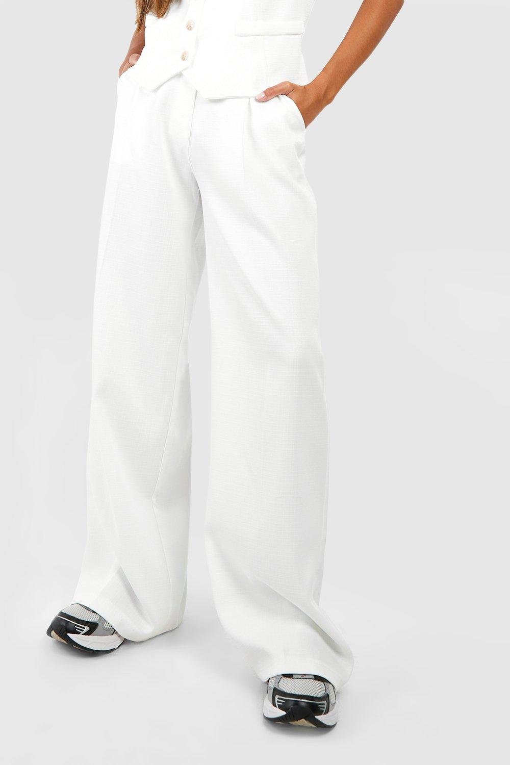 White Linen Look High Waisted Tailored Pants