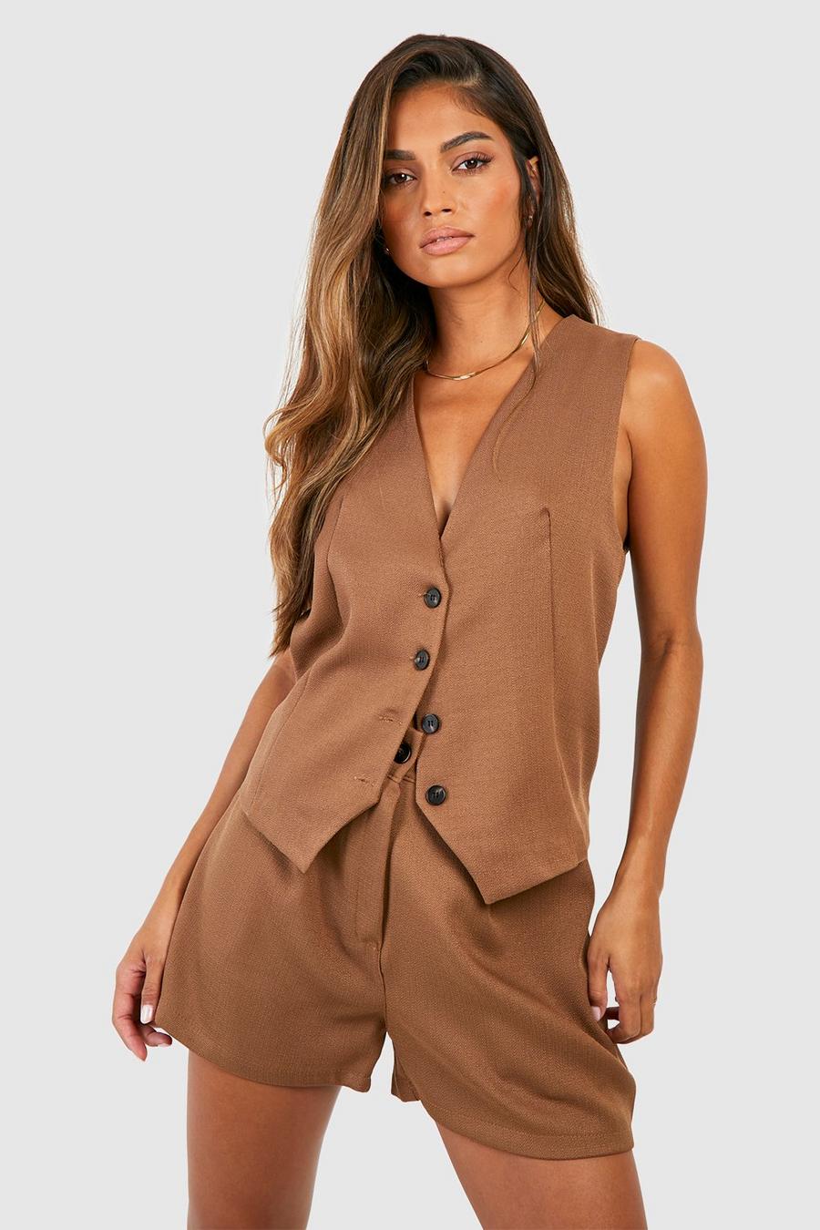 Gilet de tailleur sans manches texturé en lin, Camel