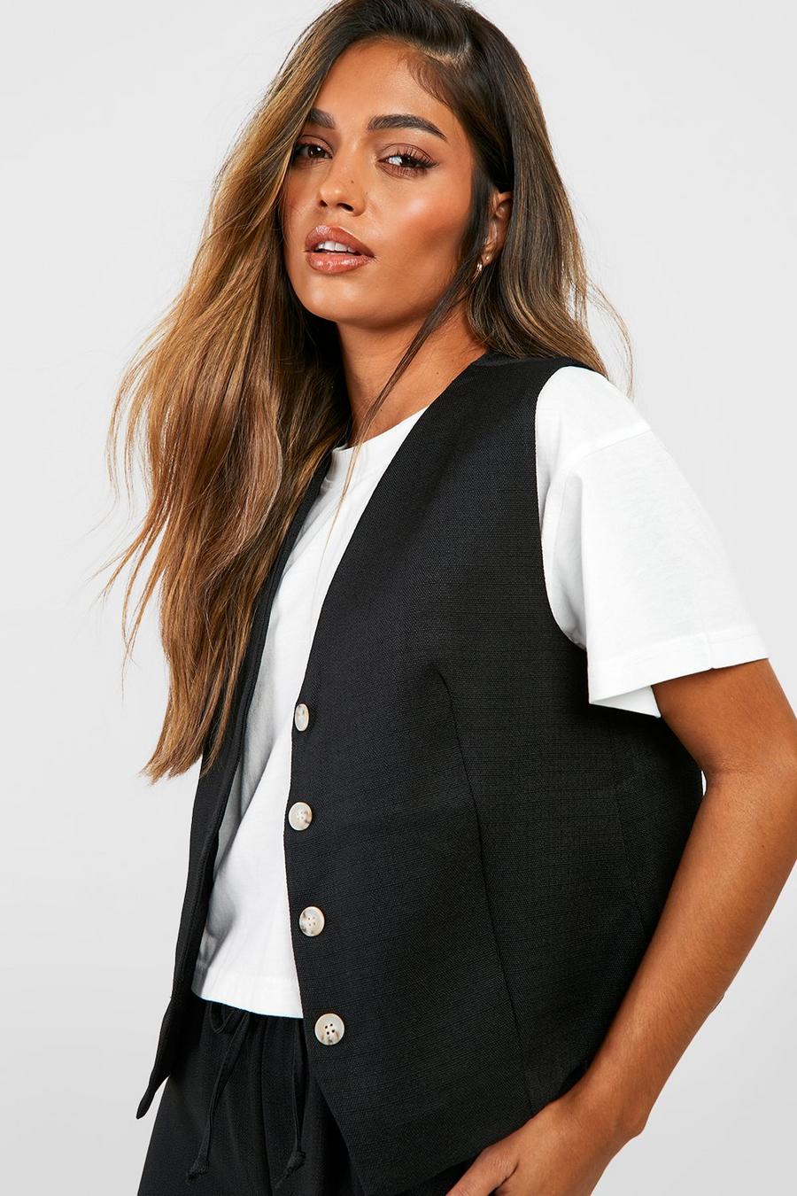 Black Woven Textured Linen Look Boxy Tailored Vest