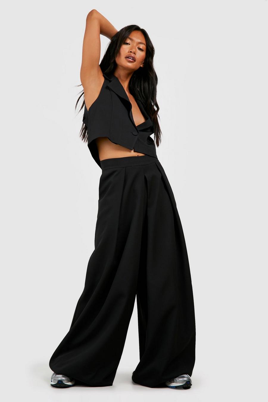 Black Pleat Front Wide Leg Tailored Trousers