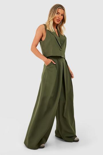 Khaki Pleat Front Wide Leg Dress Pants