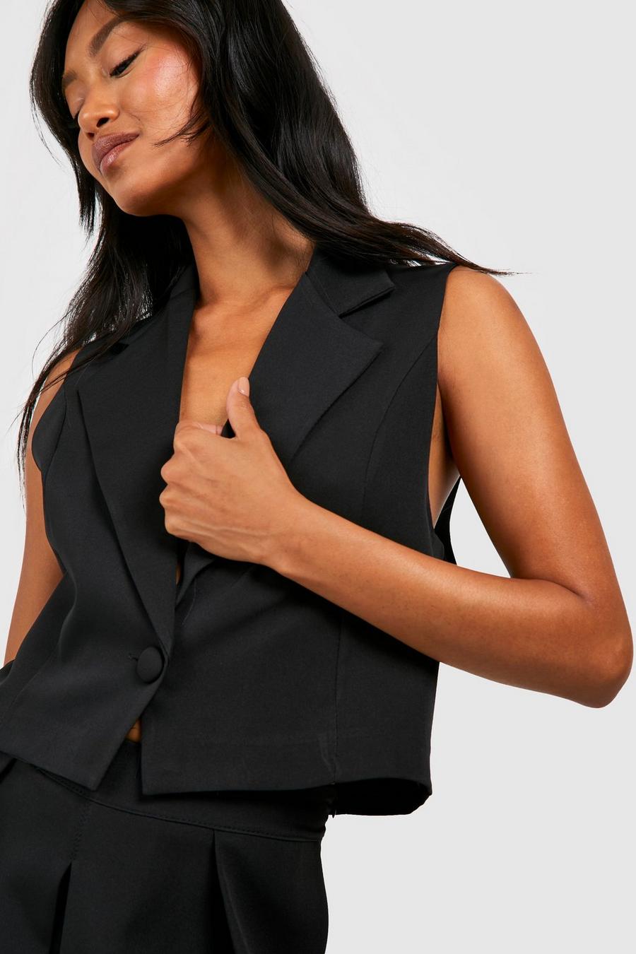 Black Tailored Boxy Cropped Vest image number 1