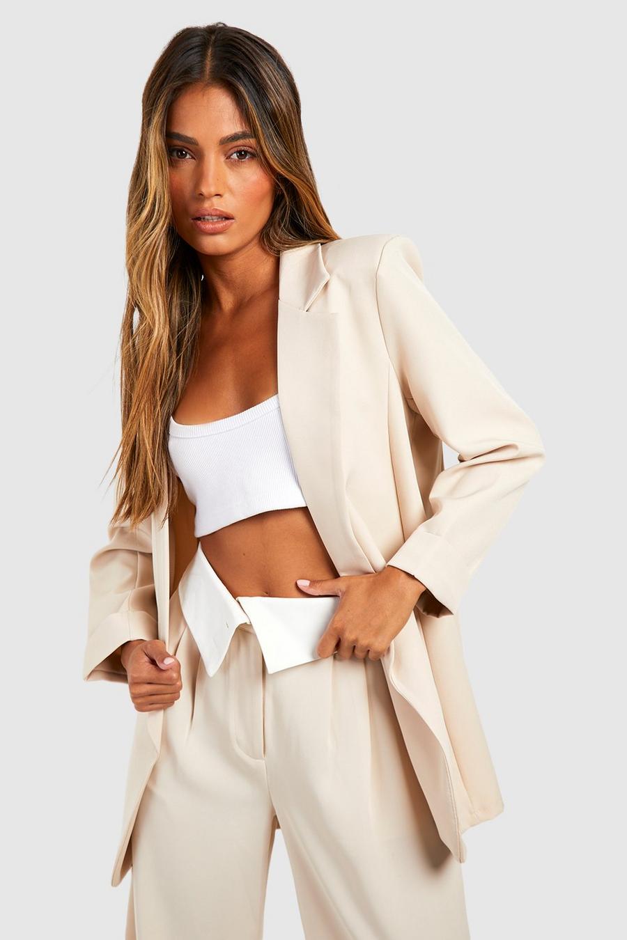 Stone Basic Woven Turn Cuff Relaxed Fit Blazer