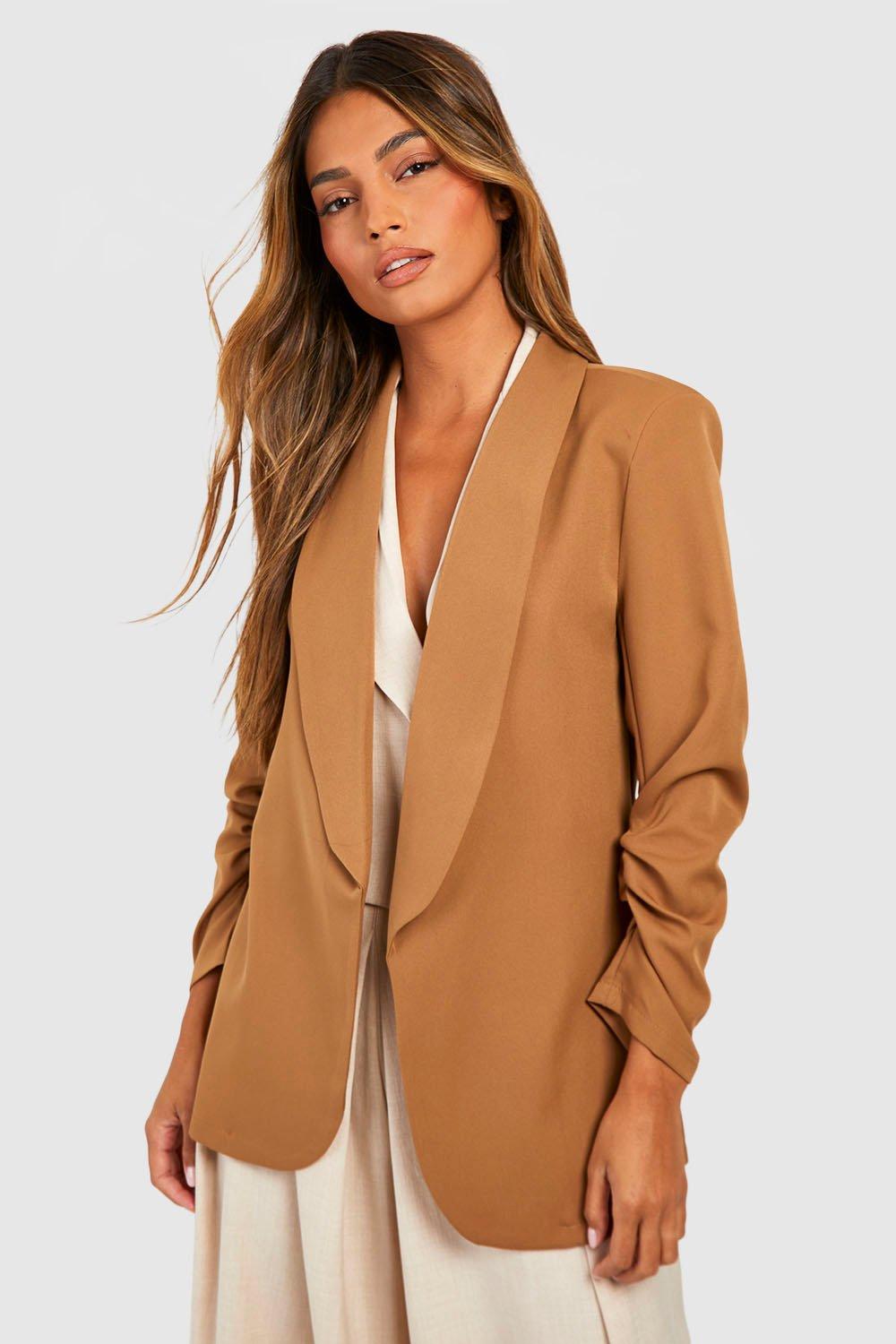 Buy Boohoo Basic Woven Ruched Sleeves Curve Lapel Blazer In Black