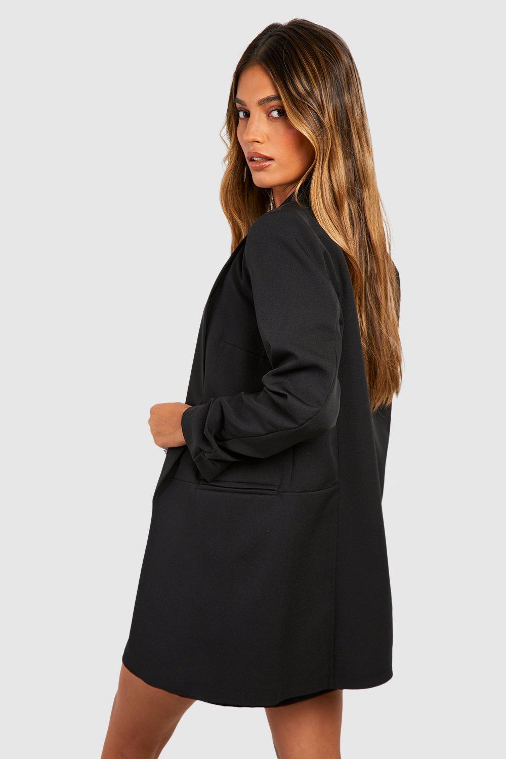Buy Boohoo Basic Woven Ruched Sleeves Curve Lapel Blazer In Black