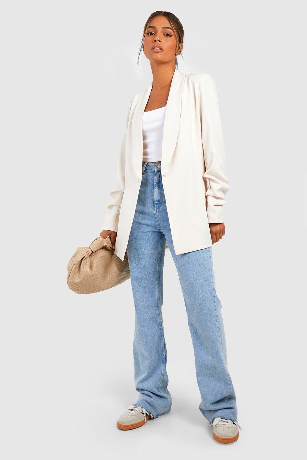 Basic Woven Ruched Sleeve Plunge Lapel Blazer