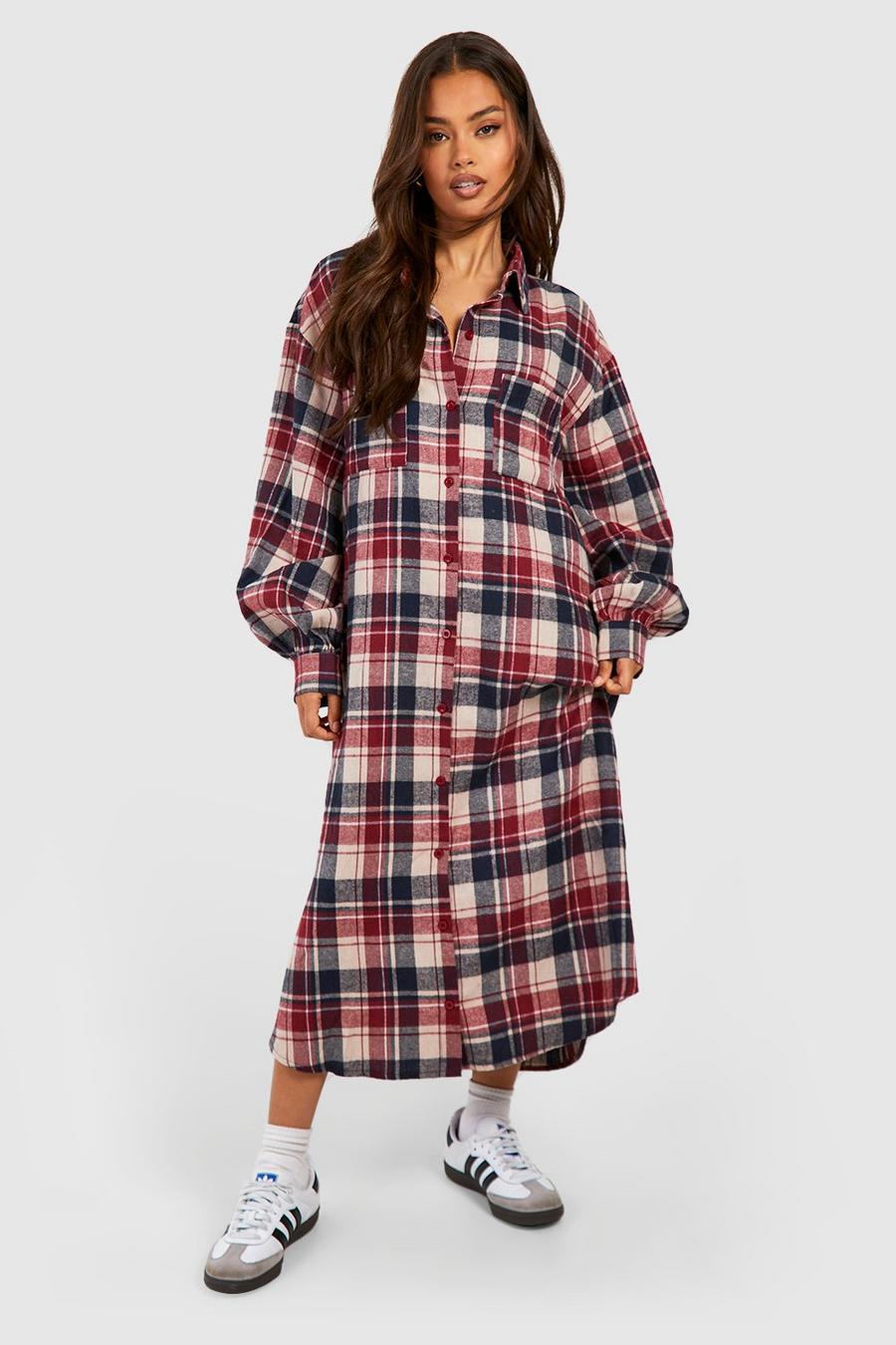 Berry Flannel Oversized Midi Shirt Dress image number 1