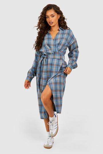 Check Wrap Midi Shirt Dress blue