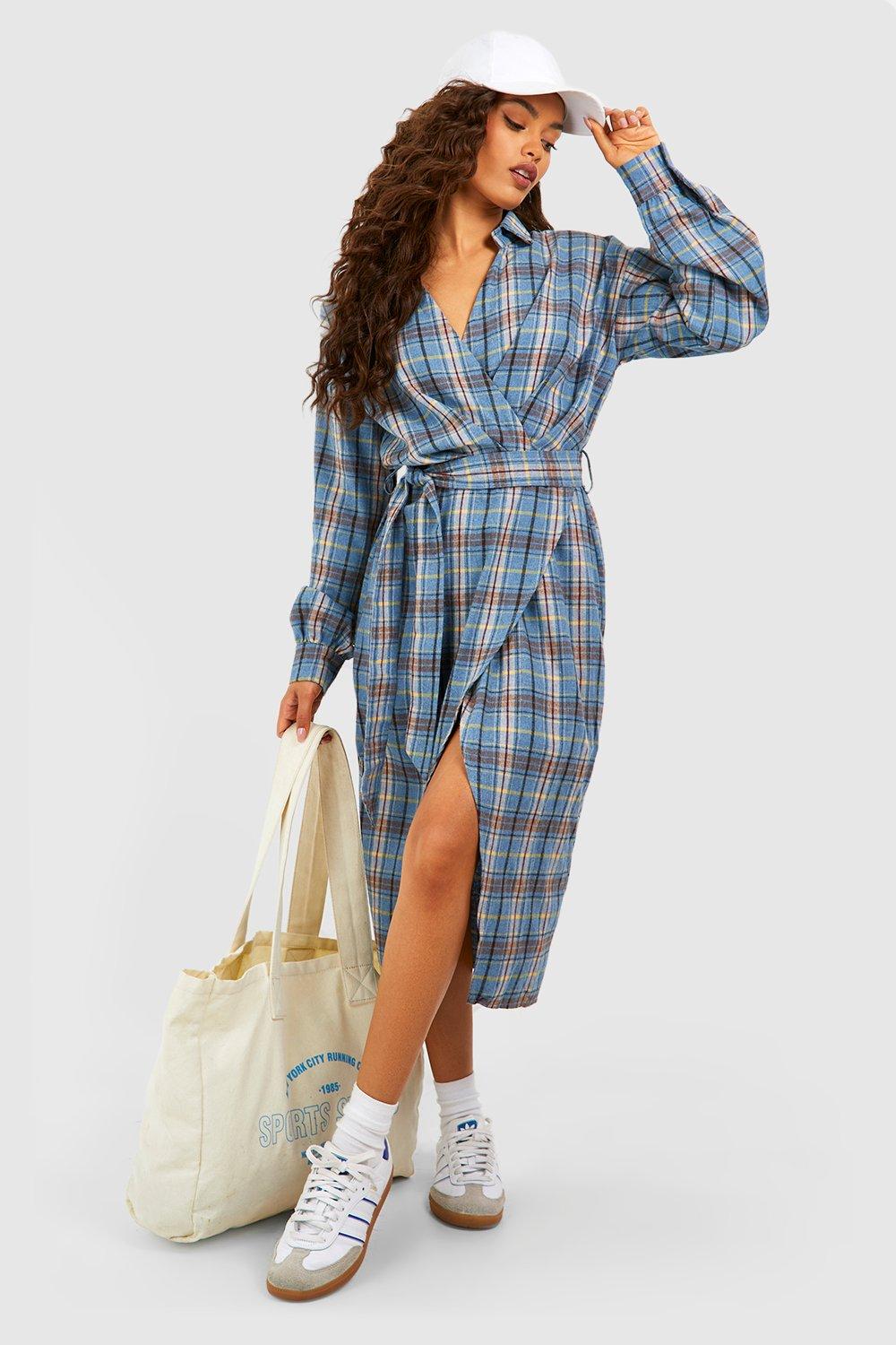 Flannel Wrap Midi Shirt Dress