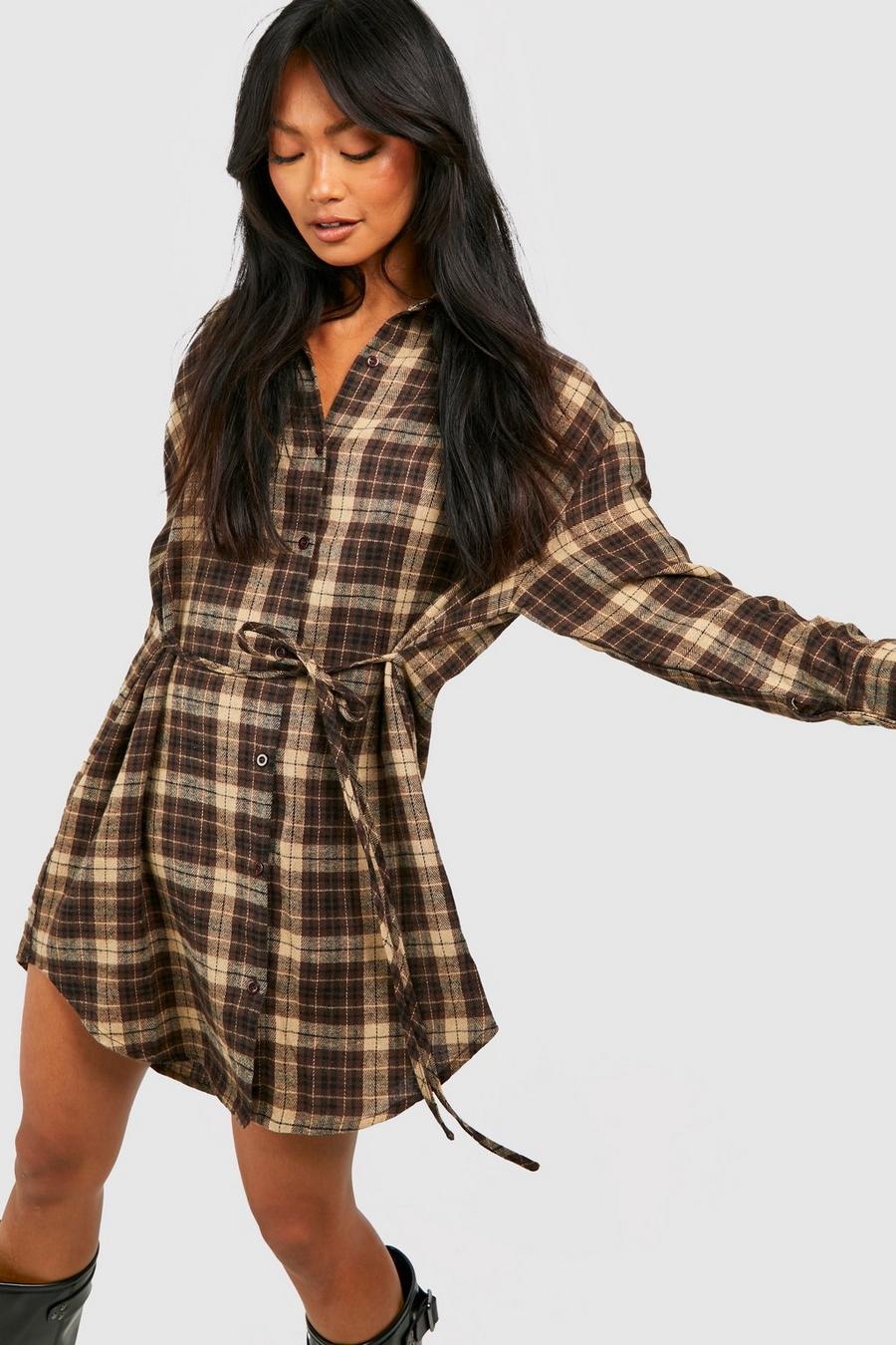 Chocolate Check Cinched Waist Shirt Dress image number 1