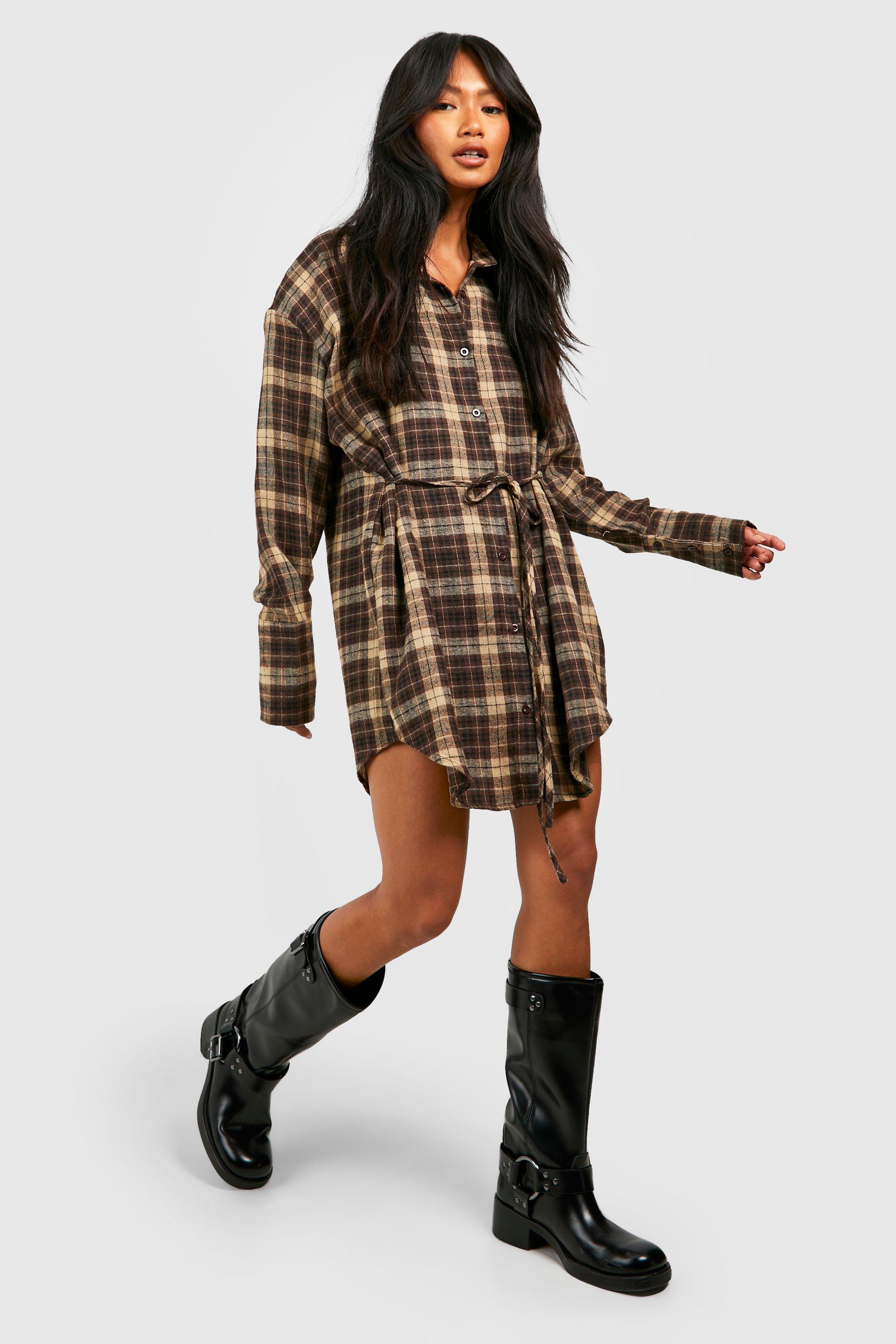 Plaid shirt dress with knee high boots best sale