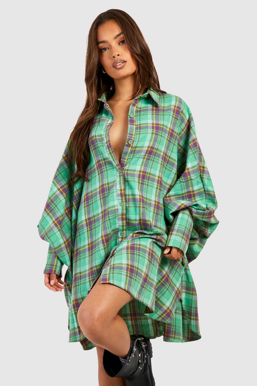 Green Flannel Balloon Sleeve Oversized Shirt Dress image number 1