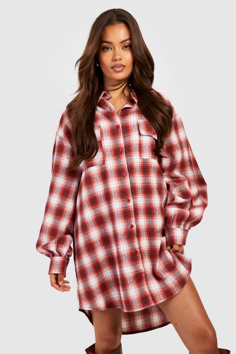 Berry Flannel Oversized Utility Shirt Dress