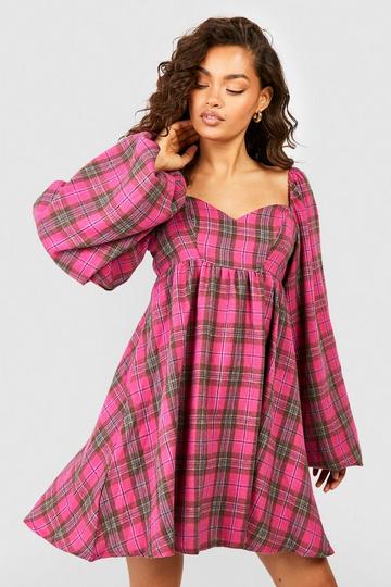 Pink Check Puff Sleeve Smock Dress