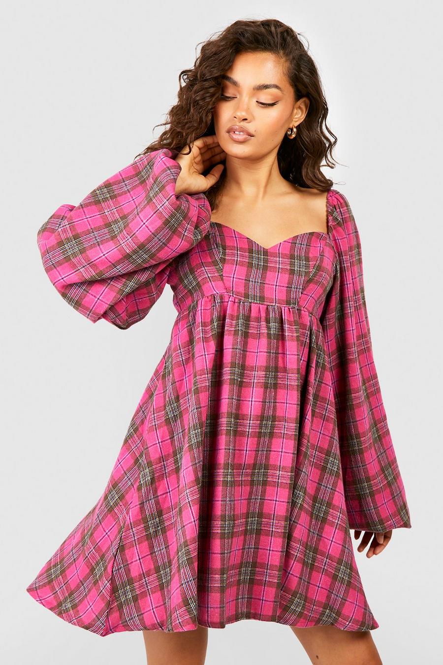 Pink Check Puff Sleeve Smock Dress image number 1