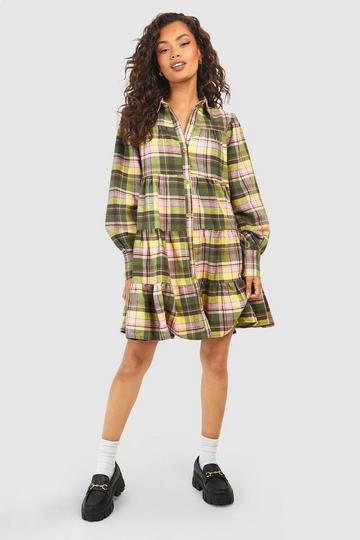 Green Check Tiered Smock Dress