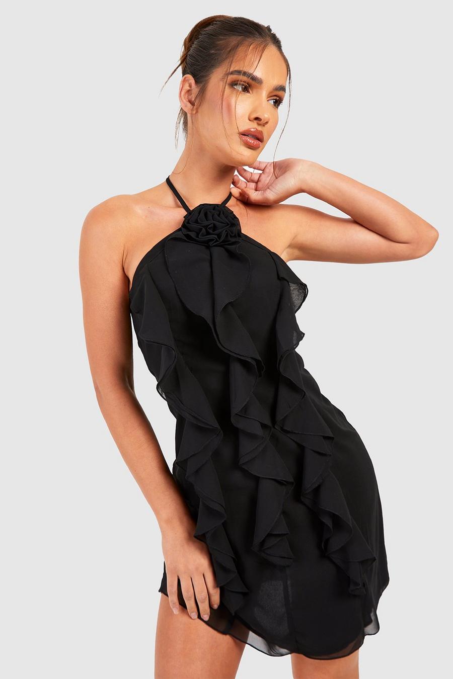 Black Halterneck Rose Detail Ruffle Mini Dress