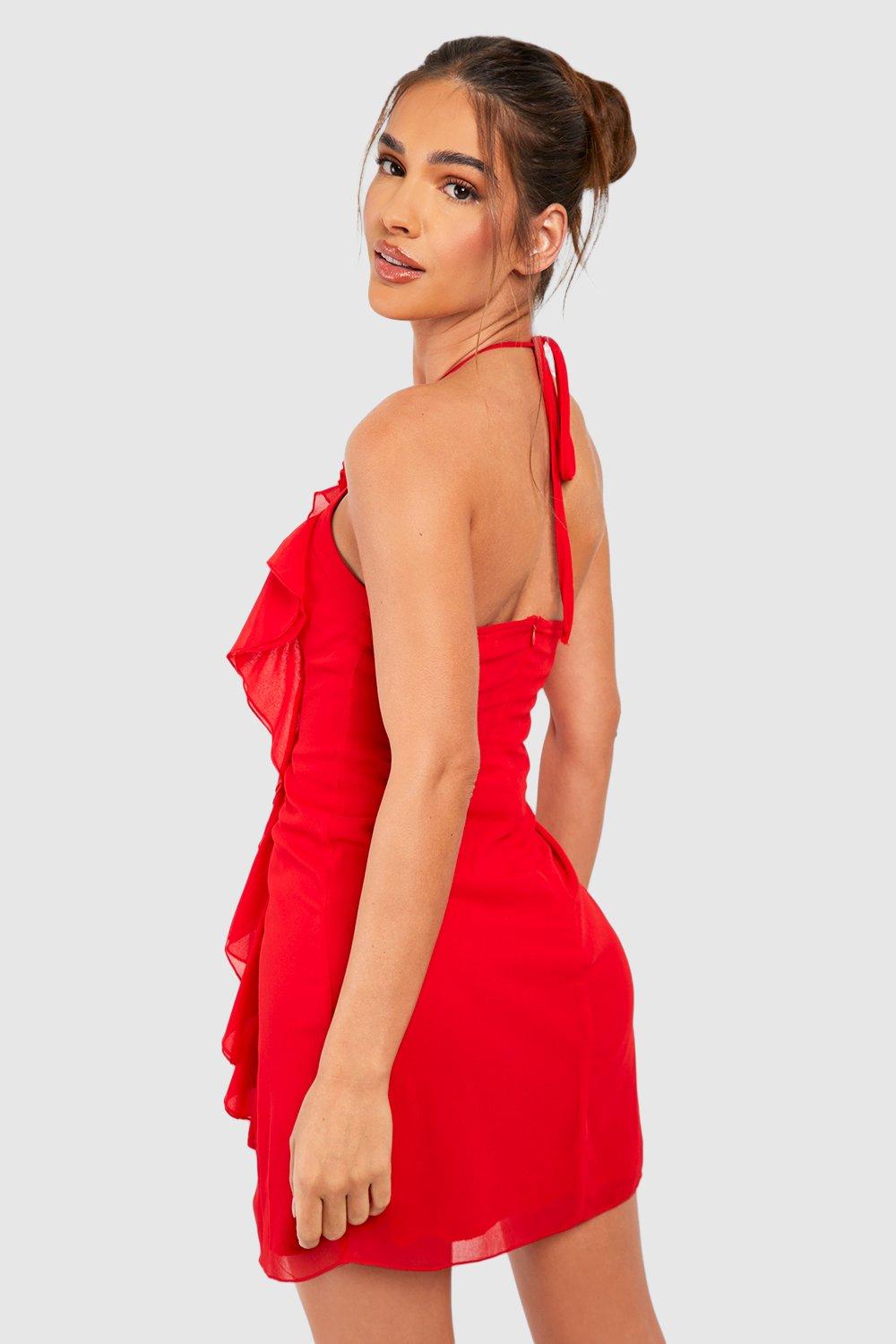 Red halterneck mini on sale dress