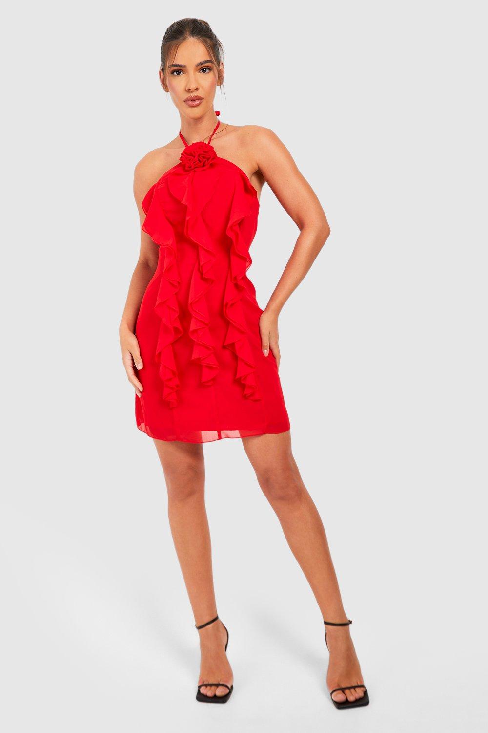 Halterneck Rose Detail Ruffle Mini Dress