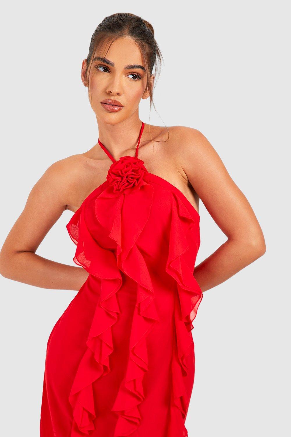 Halterneck Rose Detail Ruffle Mini Dress