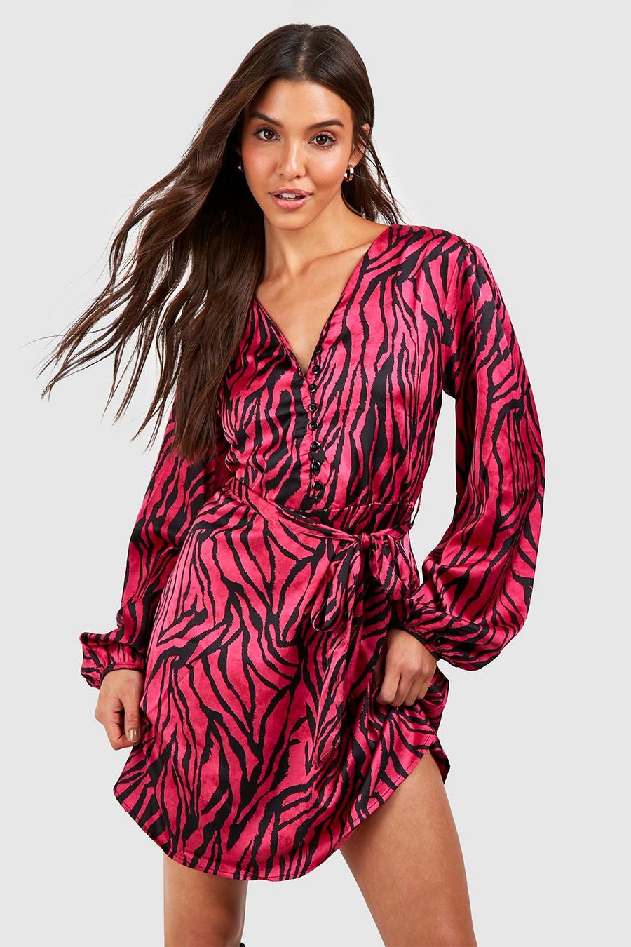 Animalprint Kleid mit Blouson-Ärmeln, Hot pink
