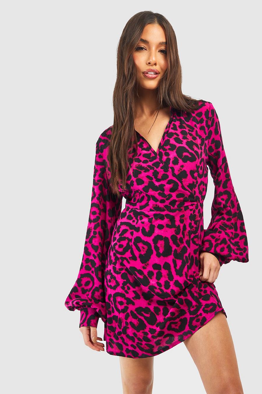 Hot pink Kort skjortklänning med leopardmönster