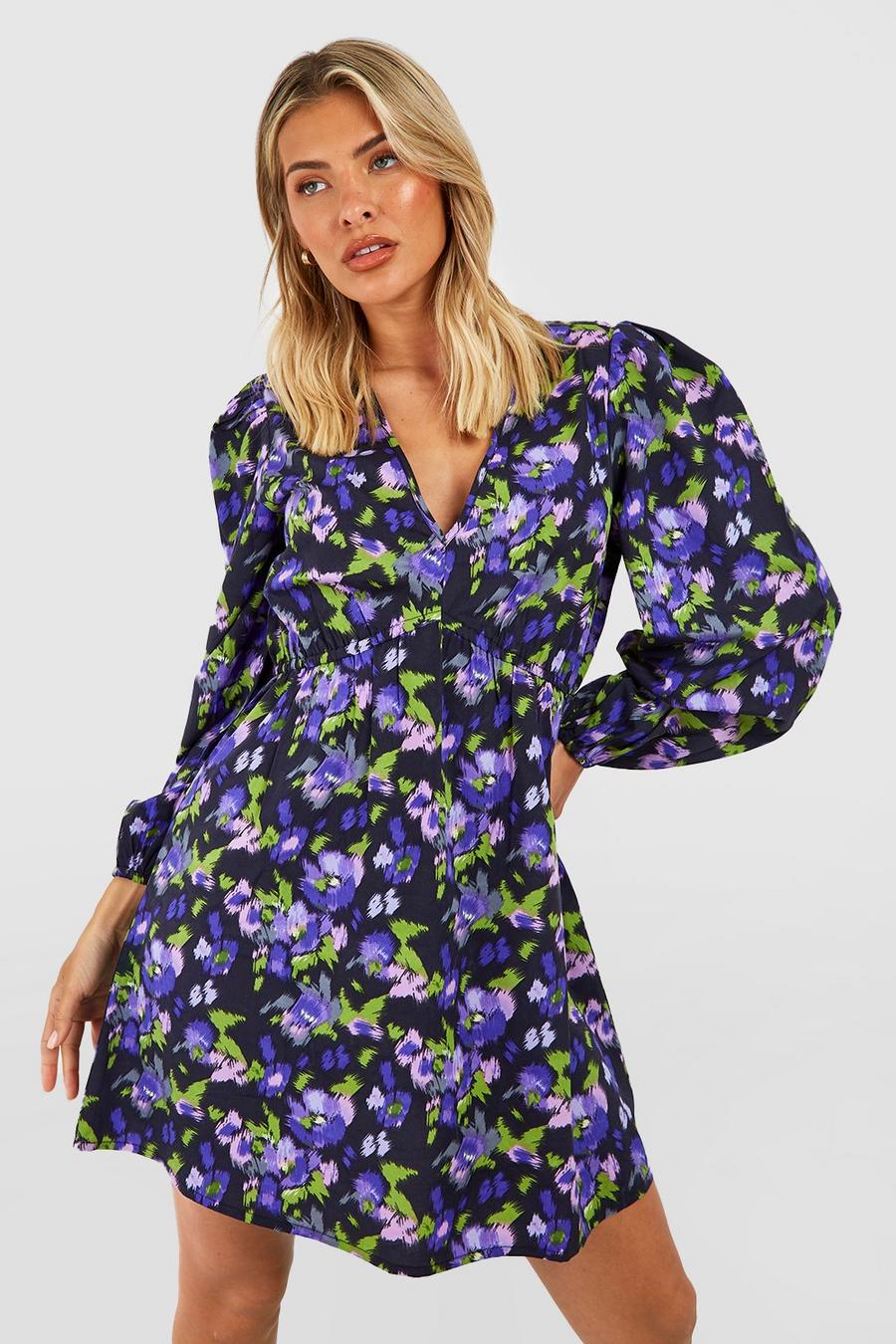 Purple Floral Rouched Blouson Sleeve Smock Dress image number 1