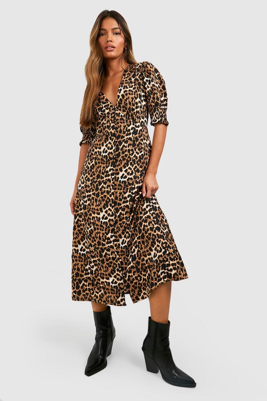 Brown Leopard Shirred Cuff Midi Dress image number 1