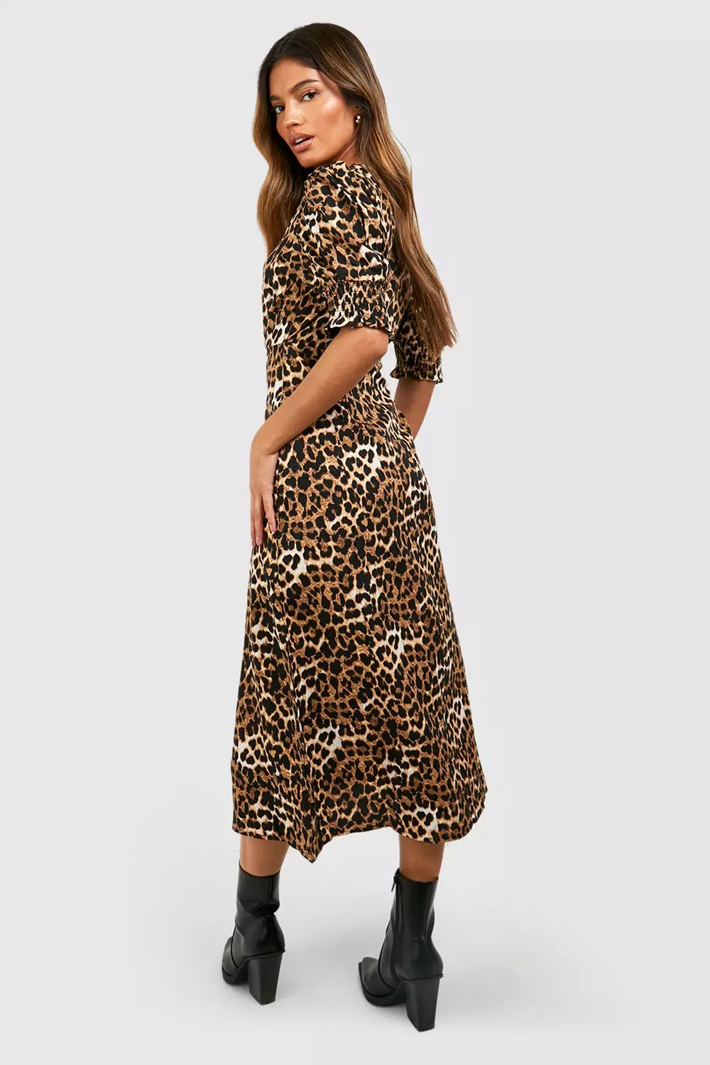 Brown Leopard Shirred Cuff Midi Dress alternative image
