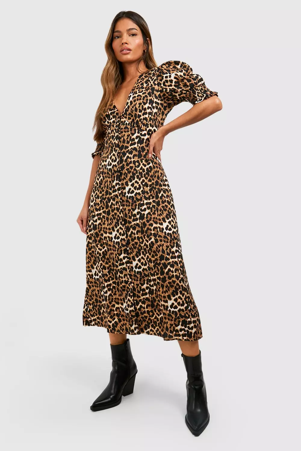 Brown Leopard Shirred Cuff Midi Dress alternative image