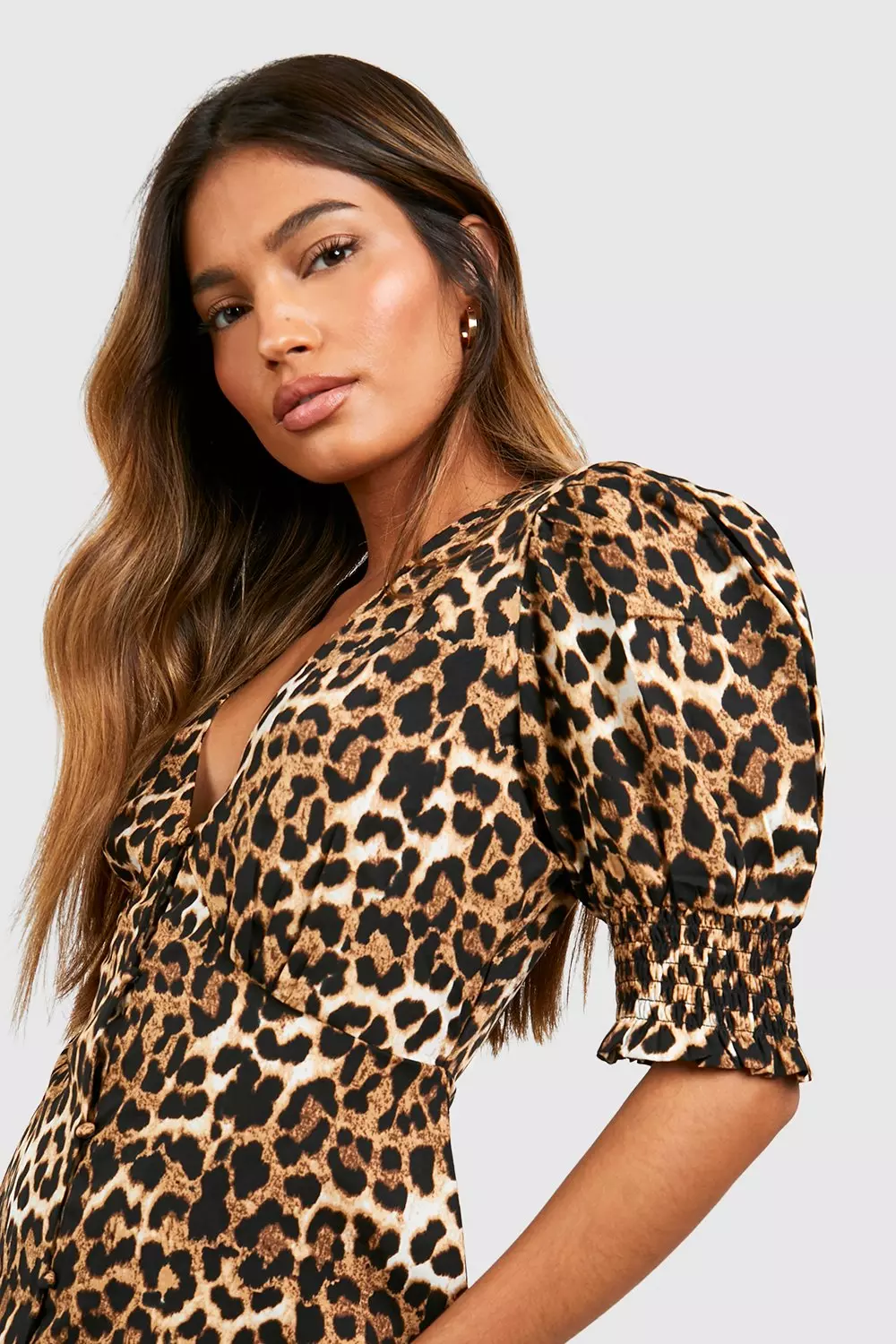 Brown Leopard Shirred Cuff Midi Dress alternative image