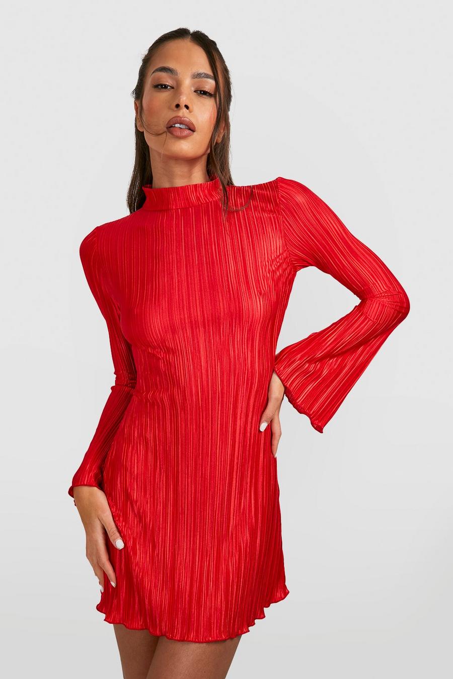 Red Plisse Flare Sleeve Column Mini Dress