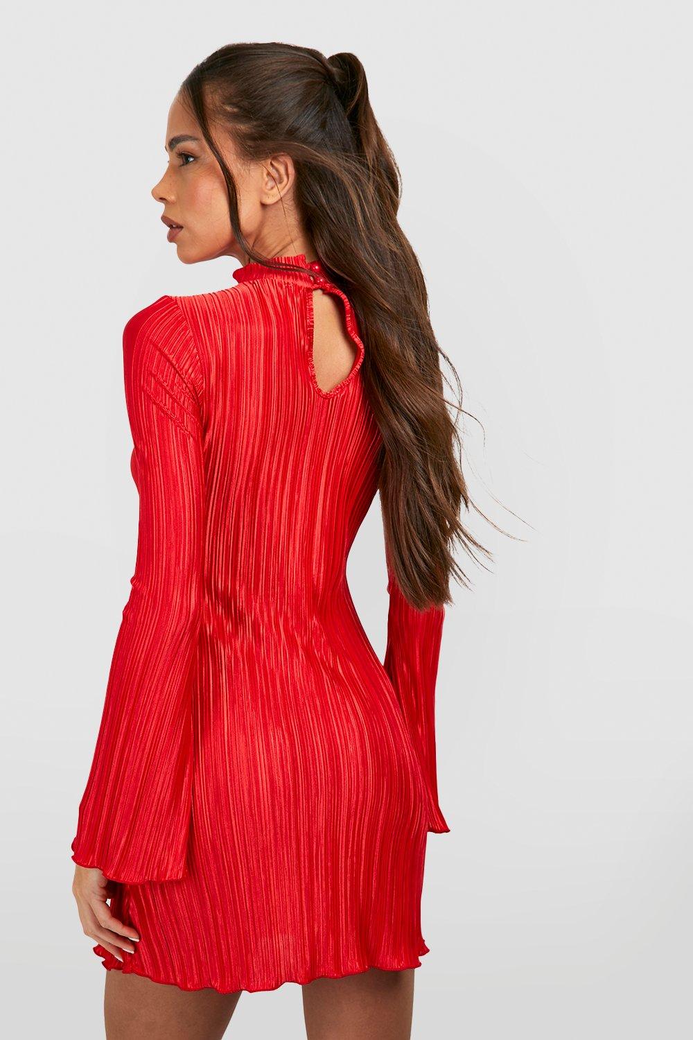 boohoo Women s Plisse Flare Sleeve Column Mini Dress Red Mini Dresses