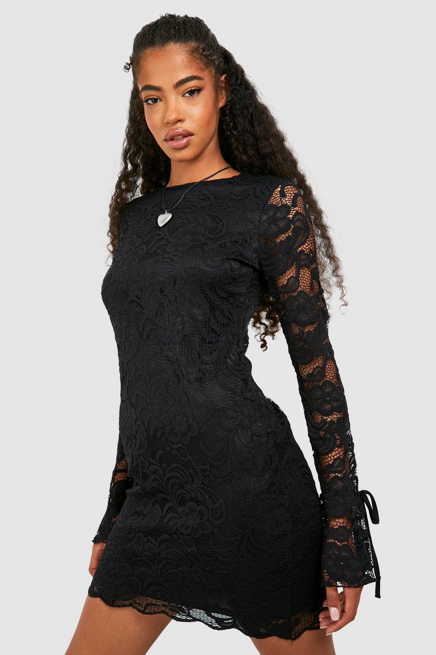 Black Lace Tie Cuff Frill Hem Mini Dress image number 1