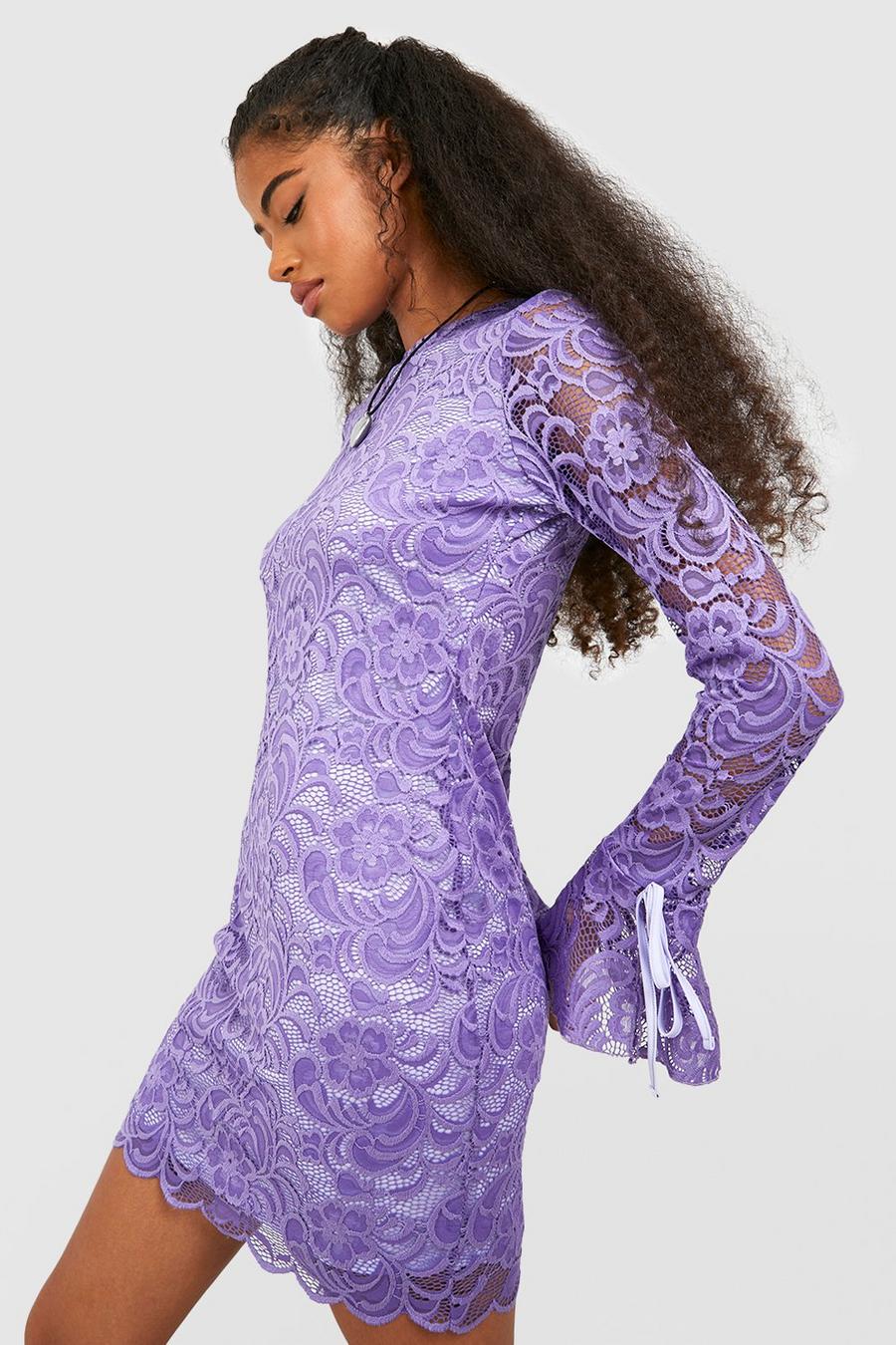 Lilac Lace Tie Cuff Frill Hem Mini Dress image number 1
