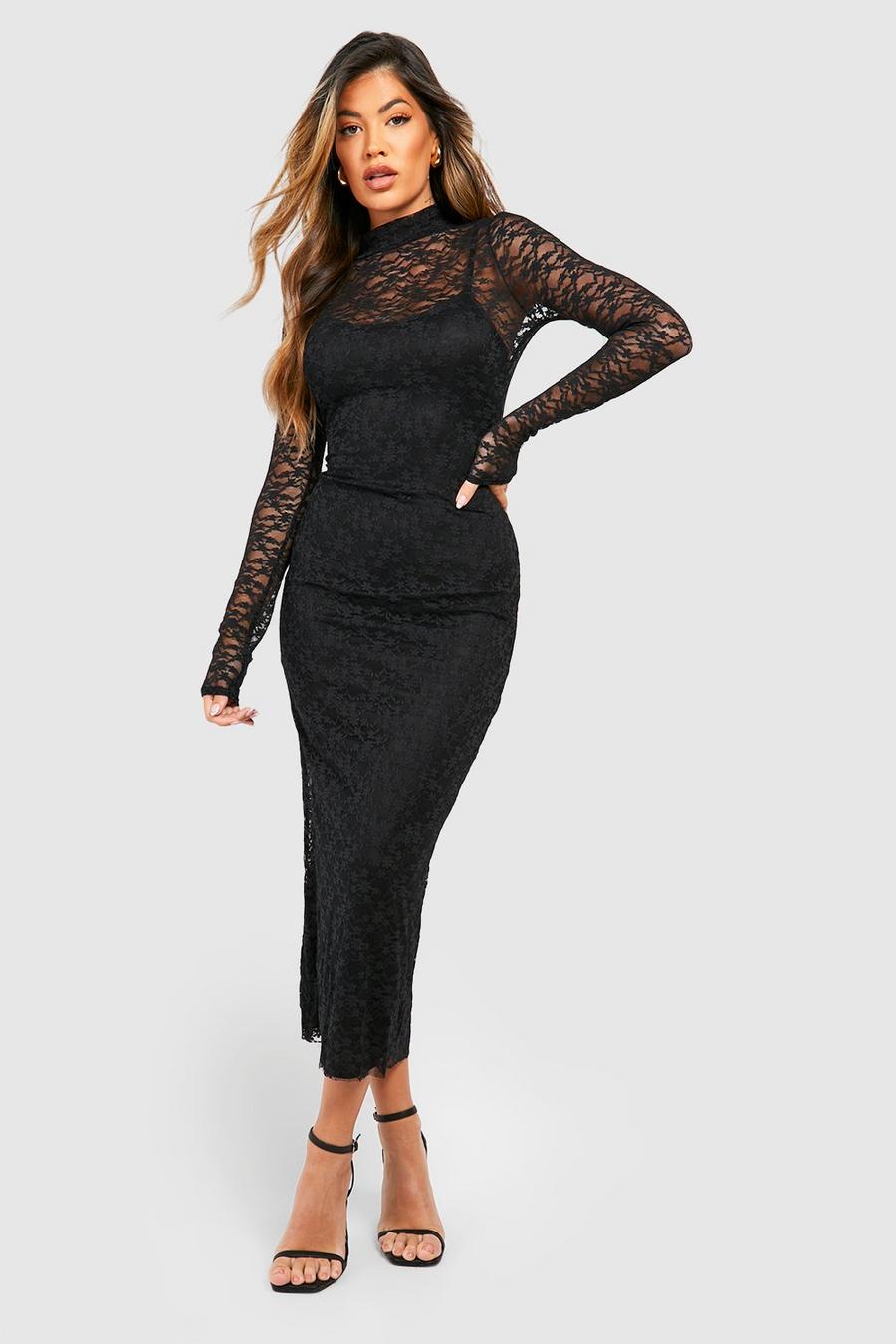 Black Lace Long Sleeve Midi Dress image number 1